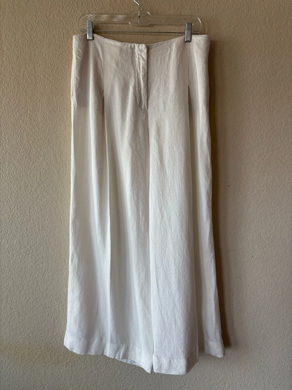 ZARA ZW COLLECTION ECRU WIDE LEG LINEN/VISCOSE TROUSERS, PANTS - L